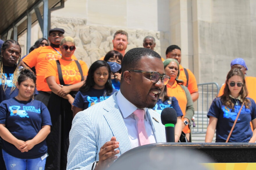Davante Lewis, candidate for Public Service Commissioner of Louisiana’s third district, speaking at a press conference