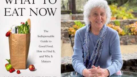 The cover of "What to Eat Now" and author Marion Nestle. (Courtesy of FSG Books and Peter Menzel)