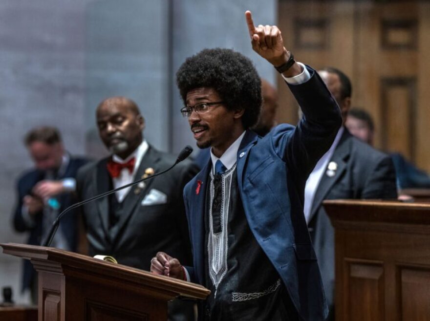 Rep. Justin J. Pearson, D-Memphis, speaking in April 2023.