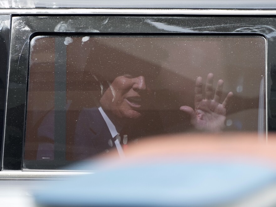 Former President Donald Trump leaves the Wilkie D. Ferguson Jr. Courthouse, Tuesday, in Miami.