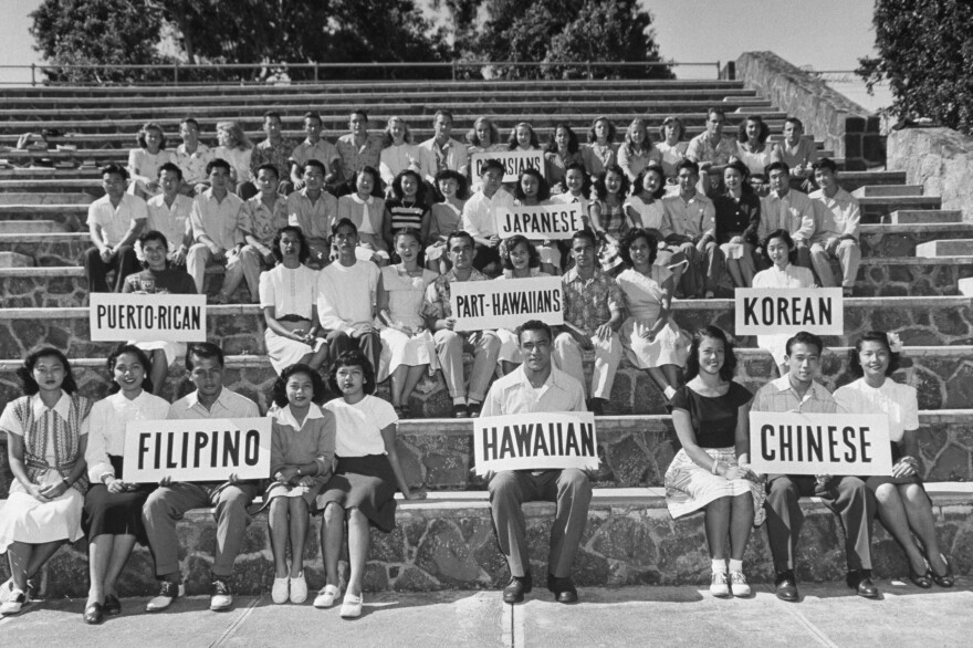 University of Hawaii students sit together to show the ethnic differences of Hawaii's population in 1948.