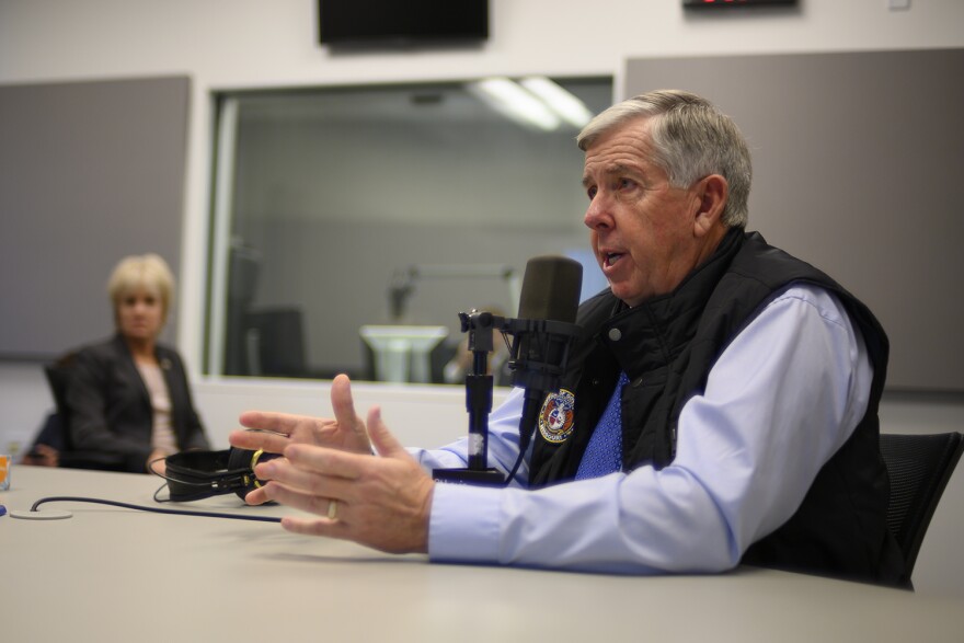 Gov. Mike Parson speaks to St. Louis Public Radio's Jason Rosenbaum during an interview  Thursday.