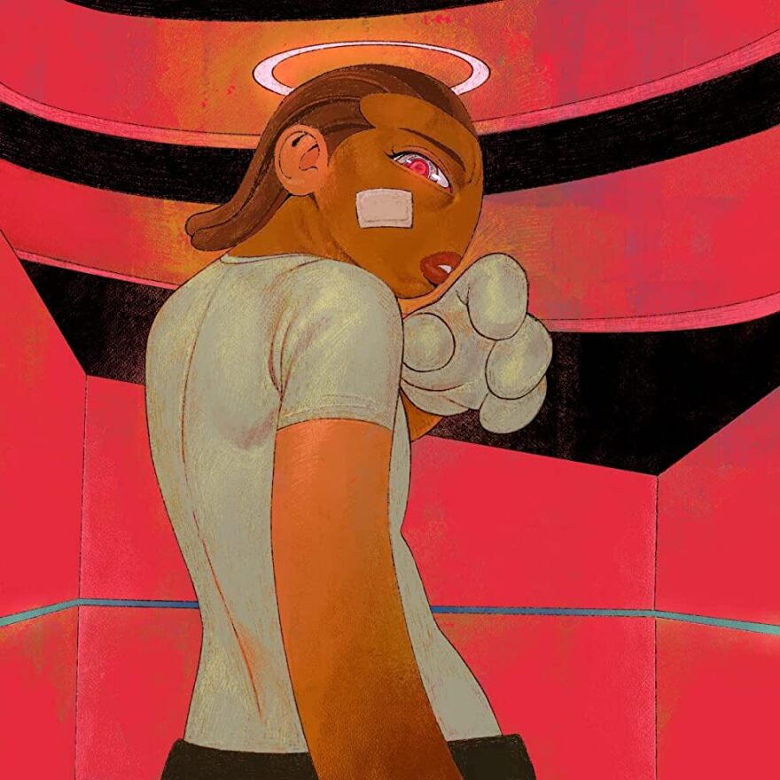 A lanky afro-futuristic boy with a bandaged cheek and round, noseless face standing in a tight, red room looking over his shoulder at the viewer: eye glowing red with the promise of vengeance, maybe a warning. The figure’s back hand reaches forward, its four gloved fingers poised for a Sith force choke or some kind of energy blast; a pink halo floats around his head.