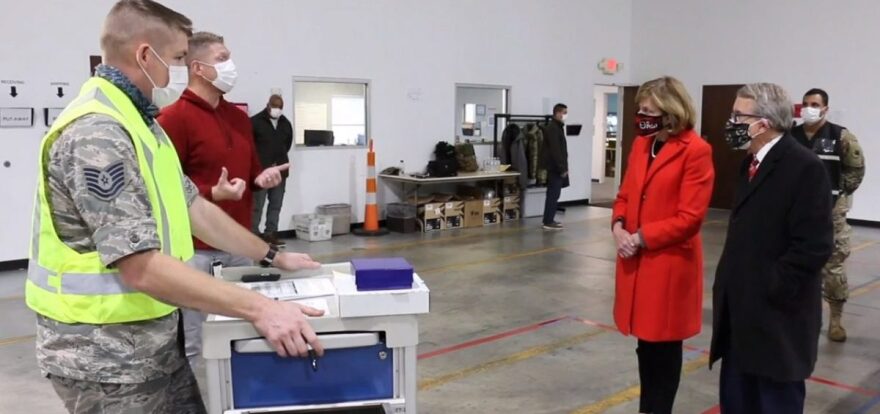 Fran and Gov. Mike DeWine tour the ODH Receipt, Store, and Stage warehouse on Tuesday. 