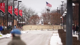 A light dusting of snow covers the sidewalks at Youngstown State University.