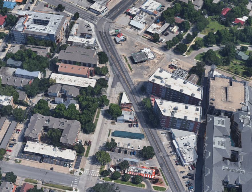 An aerial view of Guadalupe Street where Dirty Martin's is located