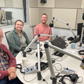 Mike Dobbs, left, Greta Jochem and Dusty Christensen with The Rundown host Carrie Saldo at NEPM studios in Springfield, May 23, 2025.