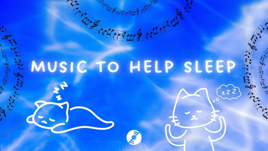 dreamy images of relaxed cats sleeping with the words "Music to help sleep"