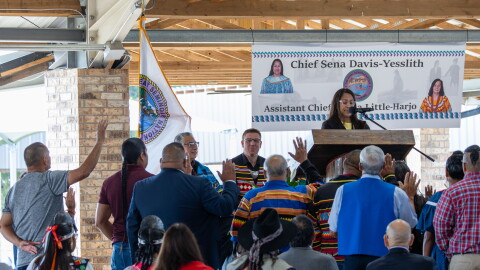 Seminole Nation's newly elected principal chief swears in the new tribe's new council on September 6, 2025, at the Mekusukey Mission Arena.