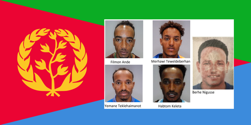 Eritrean flag (background); the five Eritreans who went missing June 23 but turned up safe five days later.
