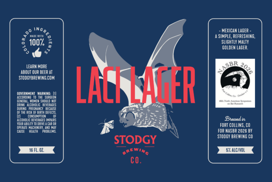 A labeo that says "LACI LAGER" with a bat chasing a moth.