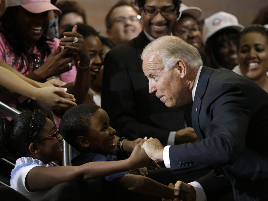 Vice President Biden greets kids during a campaign stop at Renaissance High School in Detroit in August 2012.