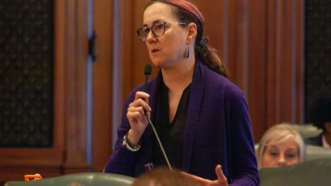 State Rep. Kelly Cassidy, D-Chicago, on the House floor in April 2026.