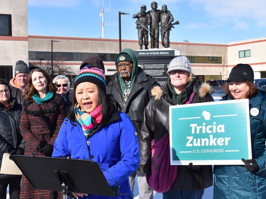 Ka Lo, a member of the Marathon County Board in Wausau, Wis., spoke about the Trump administration's immigration policies at a Feb. 13 rally in the city.