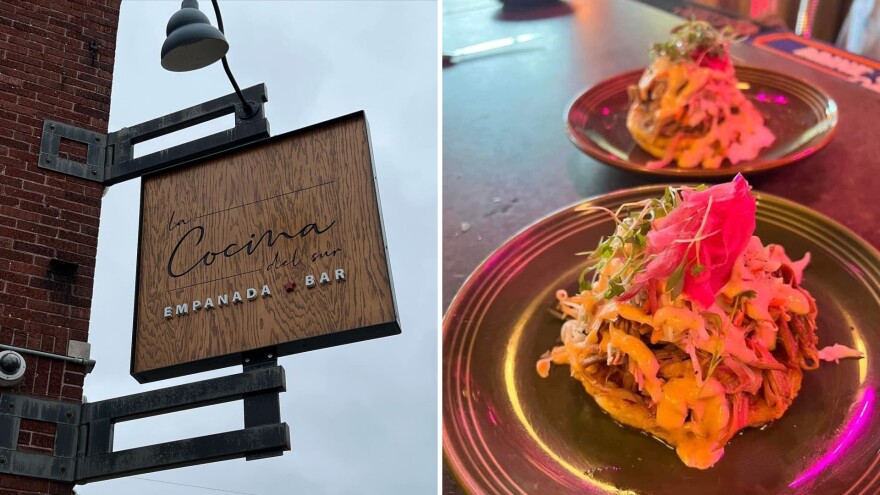 Side-by-side photos show a wooden sign hanging outside a brick building and two plates with South American-inspired cuisine on them.