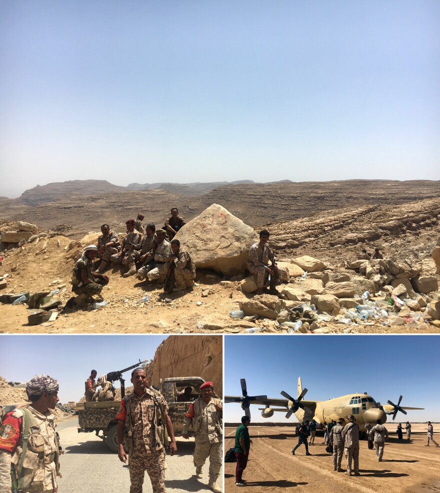 A Yemeni army checkpoint (top) overlooks the road to the rebel-held capital, Sanaa. Yemeni government soldiers (bottom left) set up on a road leading toward Sanaa. A Saudi Arabian military aircraft lands just outside the city of Marib.