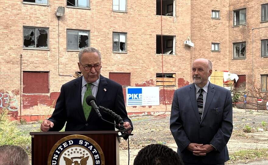 Senate Majority Leader Chuck Schumer in Troy with Mayor Patrick Madden.
