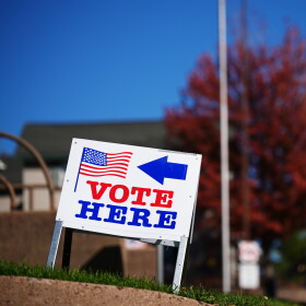 A sign invites voters to cast their ballots on Wisconsin's first day of early voting, Tuesday, Oct. 20, 2026, in Eau Claire, Wis.
