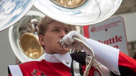 Keaton Lacey, a member of the Redhawks Marching Band, seen here in uniform during a performance.