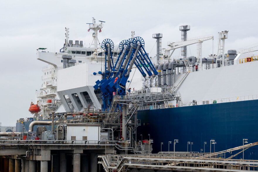 An LNG transport ship is seen docked in Freeport, Texas, on Dec 5, 2025.