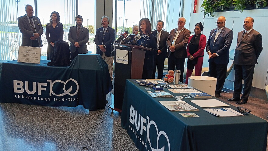 NFTA executive director Kimberley Minkel delivers opening remarks at a celebration of Buffalo Niagara International Airport's 100th anniversary, Friday, Sept. 25, 2026.