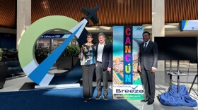 Vice chair of the Norfolk Airport Authority Susan Pilato (L), airport CEO Mark Perryman, Norfolk Mayor Kenny Alexander (R) and Breeze Airways founder David Neeleman (not pictured) announced Sept. 25 new nonstop flights to Mexico.