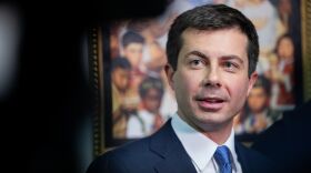 Pete Buttigieg talks to the press after a Sunday morning service at Greenleaf Christian Church in Goldsboro, N.C., last weekend.