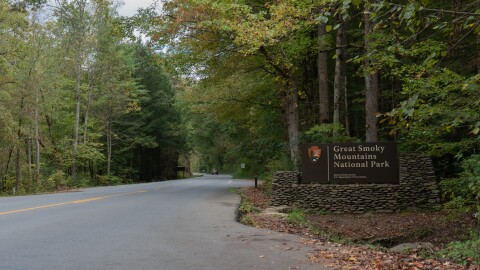 The Highway 321 entrance to Great Smoky Mountains National Park near Townsend, Tennessee, as seen on Oct. 7, 2025. Popular destinations in the park, including Cades Cove and the Sugarlands Visitor Center, were closed for the first three days of a federal government shutdown that began Oct. 1. Beginning Oct. 4, those areas of the park reopened after the National Park Service received a nearly $2 million funding commitment from state and local governments.