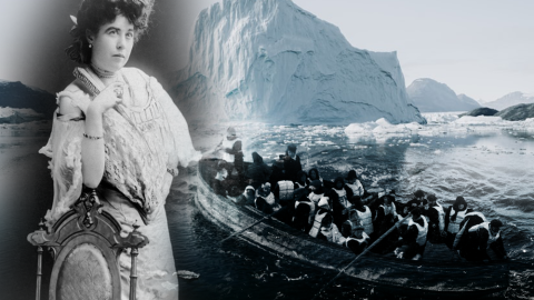 A black-and-white image of a dark-haired woman in a light-colored dress and posing with her elbow on the back of a chair. The photo is superimposed on the background image of a full lifeboat with an iceberg in the distance