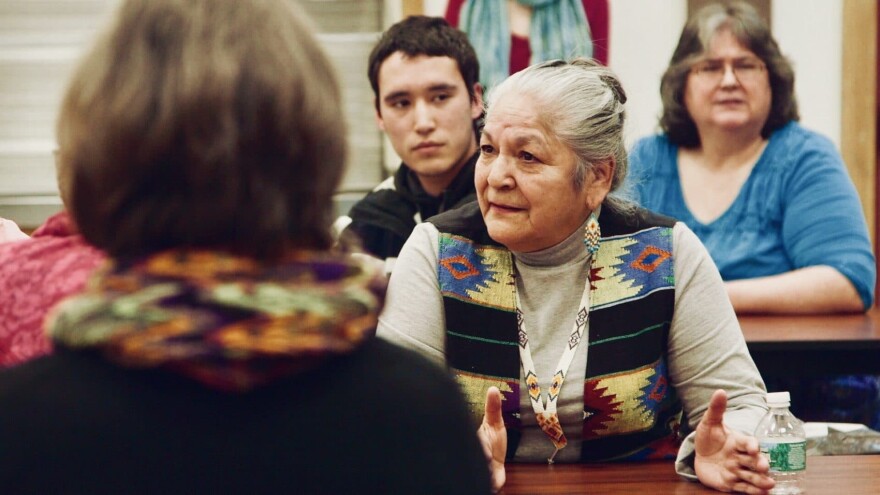 Georgina Sappier-Richardson shares her story of being placed in foster care, at a Maine Wabanaki-State Truth and Reconciliation Commission community visit. (Ben Pender-Cudlip/Courtesy of Upstander Project)