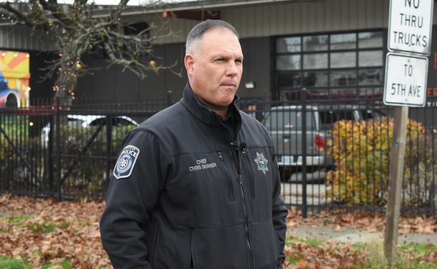 Eugene Police Chief Chris Skinner speaks to reporters at 1st and Madison, Nov. 12, 2025.