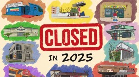 A illustration of 10 different businesses in Austin with the word "closed" in red at the center.