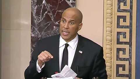 In this image provided by Senate Television, Sen, Cory Booker, D-N.J. speaks on the Senate floor, Tuesday morning, April 1, 2025. (Senate Television via AP)