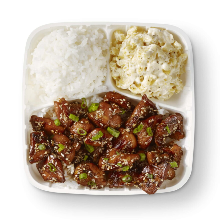 A classic Hawaiian Bros plate with grilled meat, rice and macaroni salad.