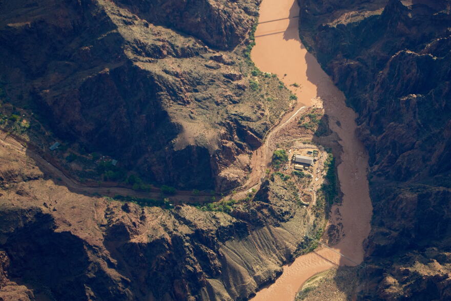 Bright Angel Canyon, damaged by flash floods, runs into the Colorado River in the Grand Canyon, Monday, Aug. 31, 2026, at Grand Canyon National Park, Ariz.