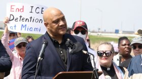 U.S. Rep. André Carson speaks outside the Miami Correctional Facility after speaking with Immigration and Customs Enforcement detainees inside the facility Thursday, April 9, 2026.