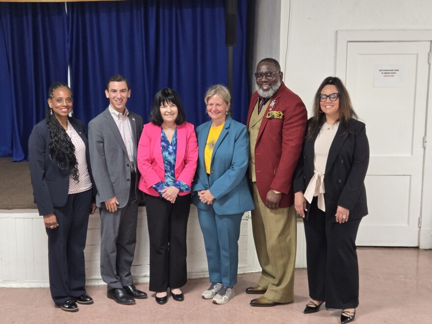 From L to R: Stephanie Ingram (President, Delaware State Education Association), Jose Matthews (VP of Advocacy, Delaware PTA), State Rep. Kim Williams, Carrie Casey (GM of Community Services, New Castle County), Bishop George Gibson (President, Interdenominational Minsters Action Council) and Karen Eller (Teacher & Board Member, Action for Delaware's Children)