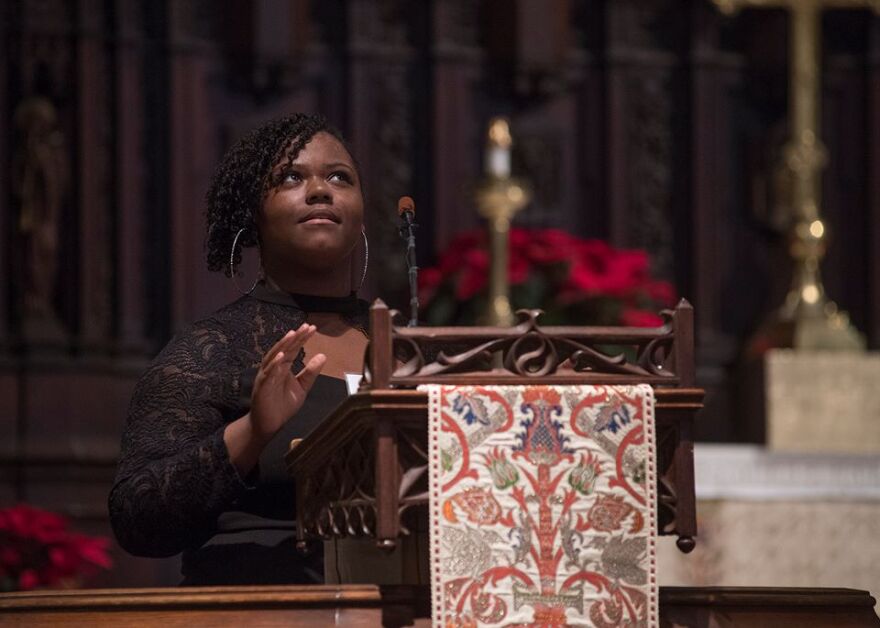 Quinica Garrett, a 18 year old senior from Cleveland, delivers the speech that won her the senior division of the oratory contest.