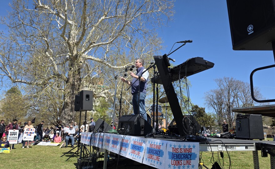 Tulsa Public Schools Board of Education member John Croisant addresses a crowd at Dream Keepers Park as part of Tulsa's third "No Kings" rally on March 28, 2026.