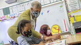 Teacher Joy Harrison instructs her second graders at Carl B. Munck Elementary School, Wednesday, Aug. 11, 2021, in Oakland, Calif.