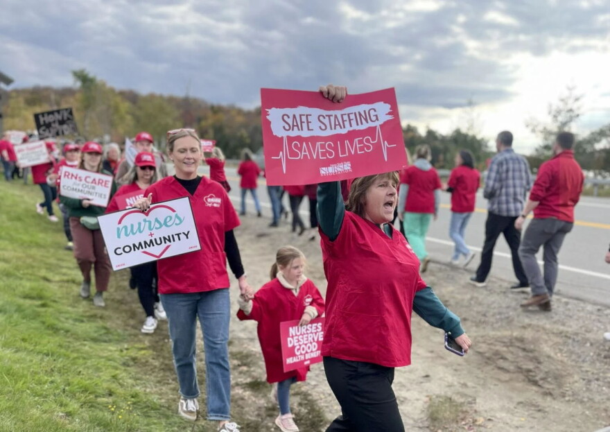Nurses at Adirondack Medical Center in Saranac Lake picketed on Wednesday, Oct. 9, 2026, as their union negotiates a new contract with the hospital.