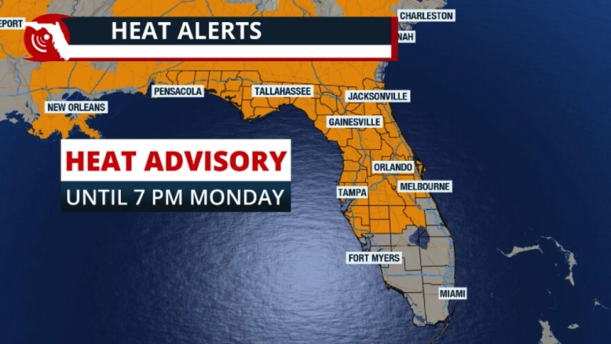 Map shows counties from South Florida to the north under a heat advisory, they're shaded in orange