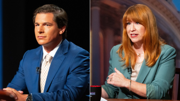 Left, Joe Mitchell sitting at table on Iowa PBS set. Right, Lindsay James sitting at a table on Iowa PBS set. 