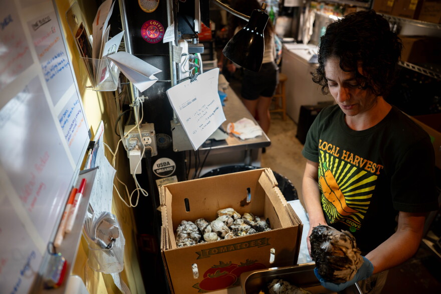 Local Harvest manager Becca Widzer sifts through seven pounds of corn smut she sells for roughly $18.50 a pound at the grocery shop on Aug. 17 in St. Louis' Tower Grove South neighborhood.