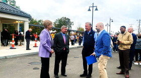 From the left to right. It is State Rep. Tami Zawistowski, State Sen. John Kissel, State Rep. Jane Garibay, Gov. Ned Lamont, and Ct Department of Transportation Commissioner Garrett Eucalitto talking before the train station opening ceremony in Windsor Locks October 13, 2026.