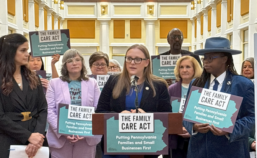 State Rep. Jen O'Mara speaks at a March event on paid family leave legislation. (Courtesy of Amy Kobeta of Children First)