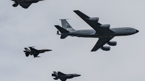 An Air Force F-22 Raptor, F-16 Fighting Falcon, F-35A Lightning II and KC-135 Stratotanker fly in formation for attendees at the 2021 Arctic Lightning Air Show at Eielson Air Force Base. This year's air show will include these aircraft, and many more.