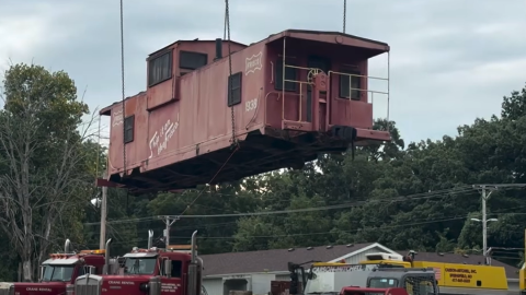 The Frisco caboose at Finley River Park in Ozark is moved to its new location at the Ozark Community Center on August 24, 2026.