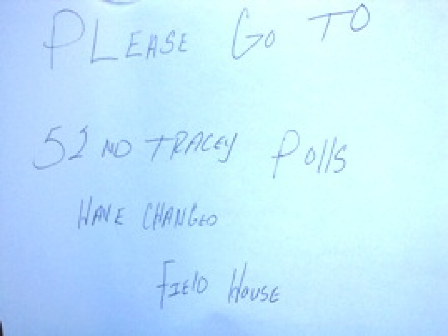 Sign on the window primary day (February 27, 2007) at the former polling place at Rockhurst College, 54th and Troost Avenue.