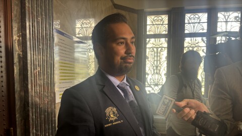 Jackson County Legislative Chair Manny Abarca speaks to media after a closed-door session he called to discuss allegations of bribery.
